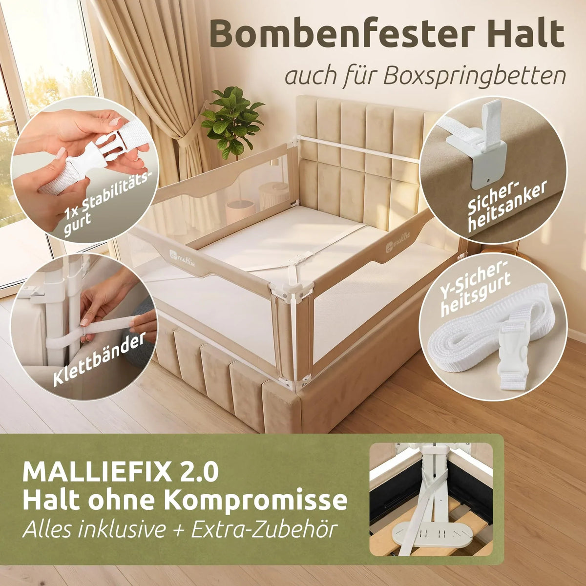 Barrera de cama 200x200 cm, set de 3 lados, MALLIEFIX 2.0, sistema de clic, altura ajustable, beige