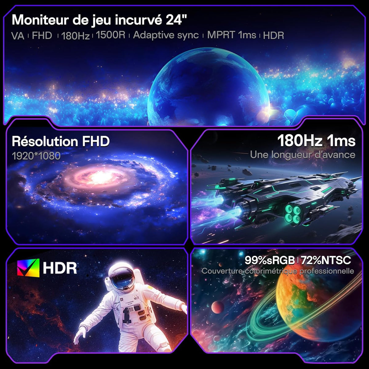 Monitor gaming KOORUI de 24 pulgadas, pantalla FHD VA 1500R, 180 Hz curva, Adaptive-Sync, VESA 100 * 100 mm, 2xHDMI 2.0 y 1xDisplayPort 1.2