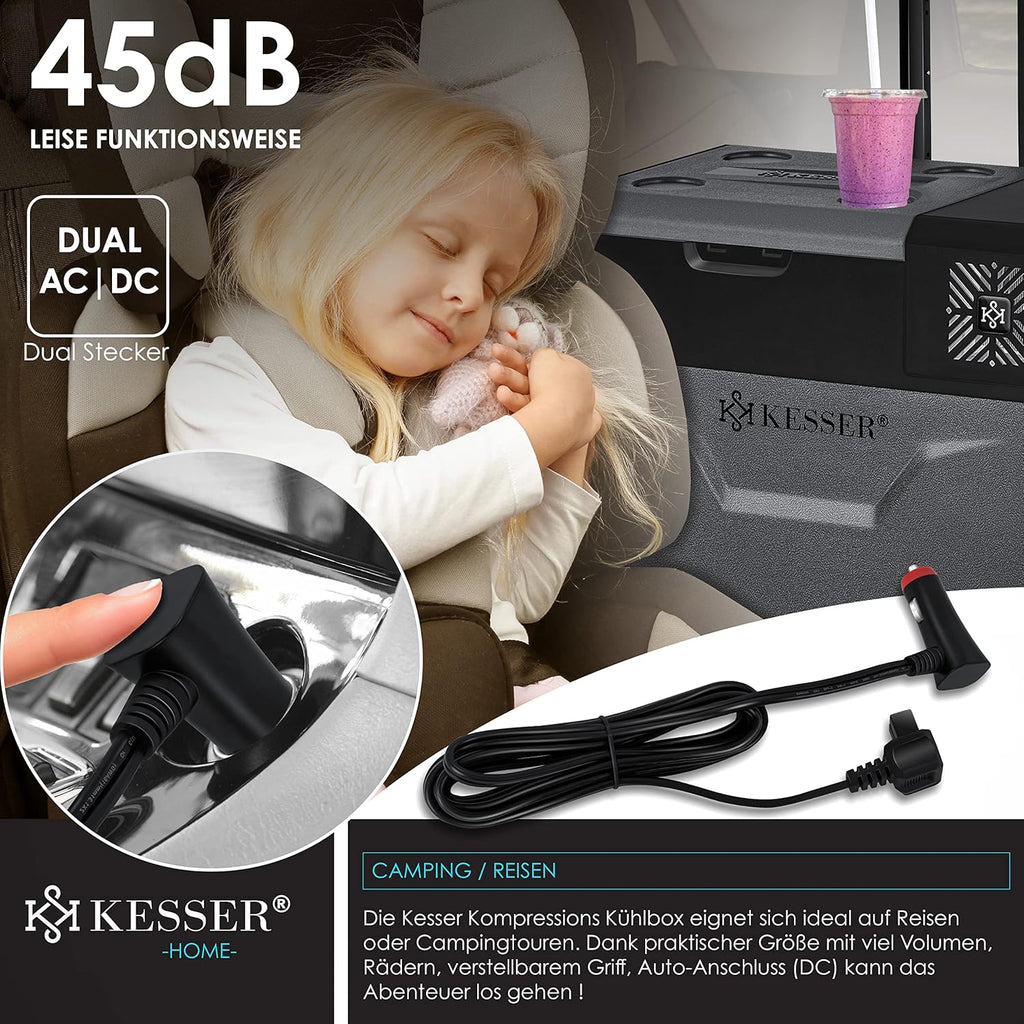 KESSER® Nevera de compresor eléctrica para coche de 50L, nevera de camping 12/24/230V con control por APP, congelador hasta –20 °C, nevera con ruedas y asa telescópica para camping, autocaravana, camión y barco + 2 acumuladores de frío