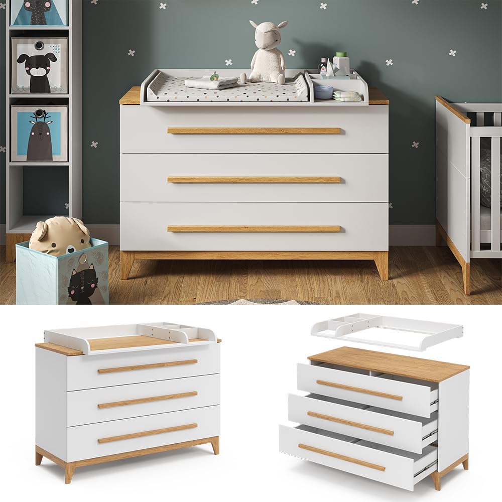 Cambiador VitaliSpa Malia, blanco/roble, 133 x 98 cm XL con 3 cajones