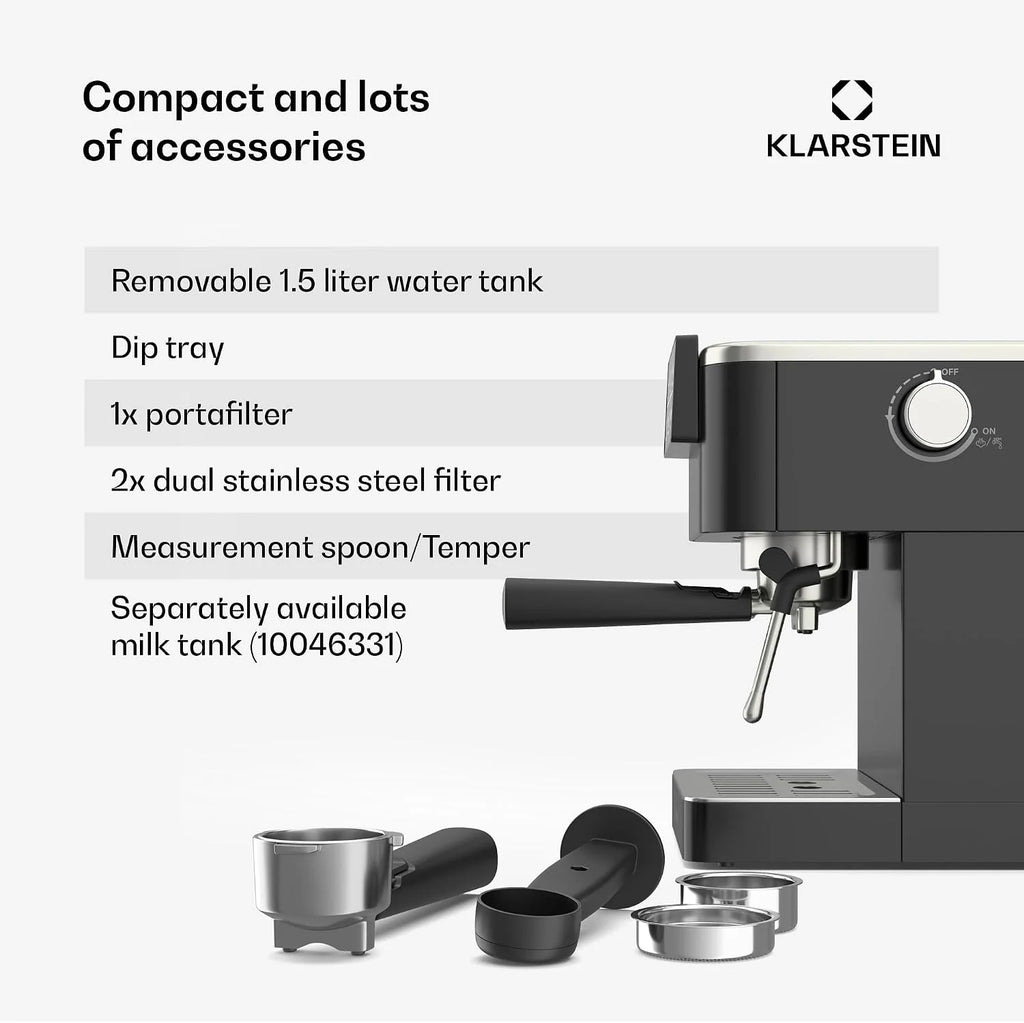 Klarstein SteelPresso Touch Ekspres kolbowy – 20 barów, 1350 W, Stal nierdzewna, Zbiornik 1,5 l, Wyświetlacz dotykowy, Zintegrowany spieniacz do mleka, Kompaktowy design, Ekspres do kawy