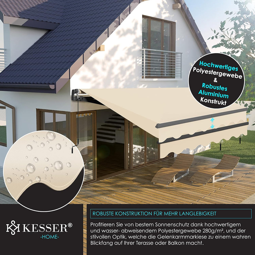 KESSER® Toldo articulado eléctrico con mando a distancia, toldo de brazos articulados, 250 x 200 cm, toldo para terraza, toldo de sujeción, toldo solar, incl. soporte de pared, protección solar, toldo para balcón, beige