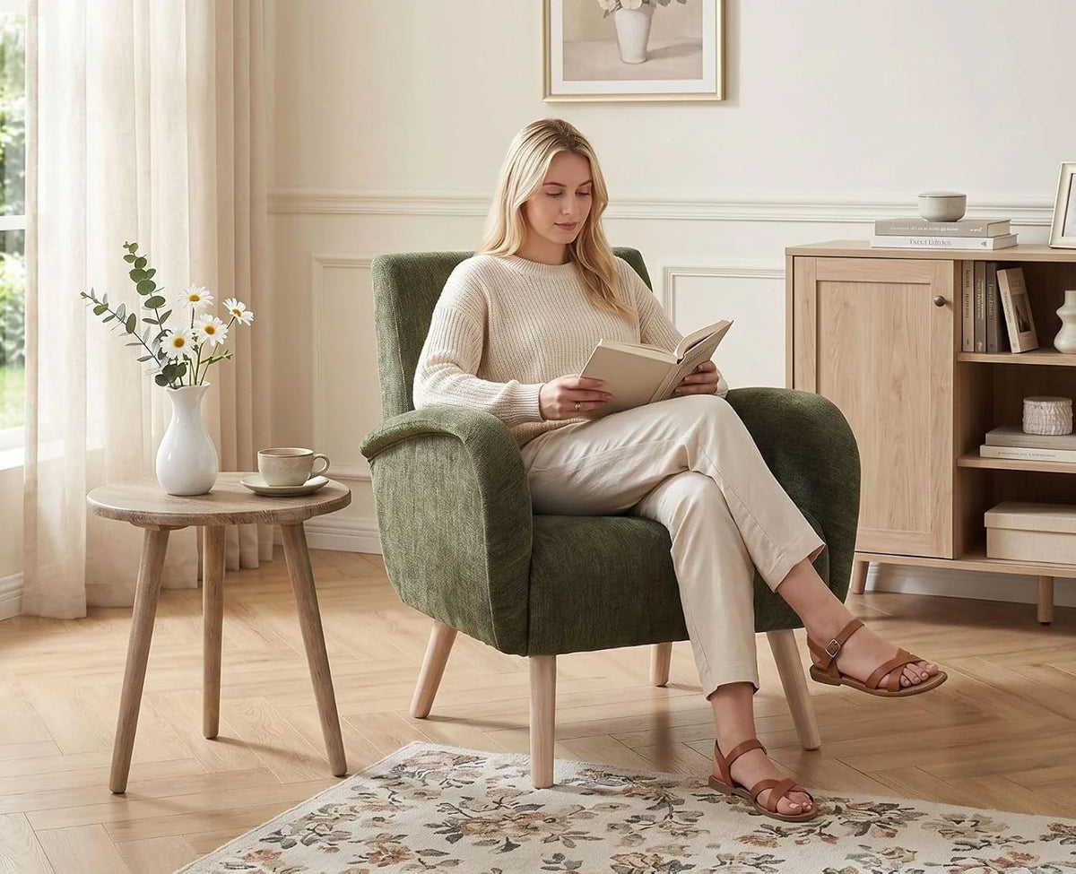 chairus Chenille fotel wypoczynkowy, fotel z uszami do salonu, tapicerowany, pojedyncza sofa do sypialni, fotel akcentujący, fotel relaksacyjny z drewnianymi nogami (zielony)