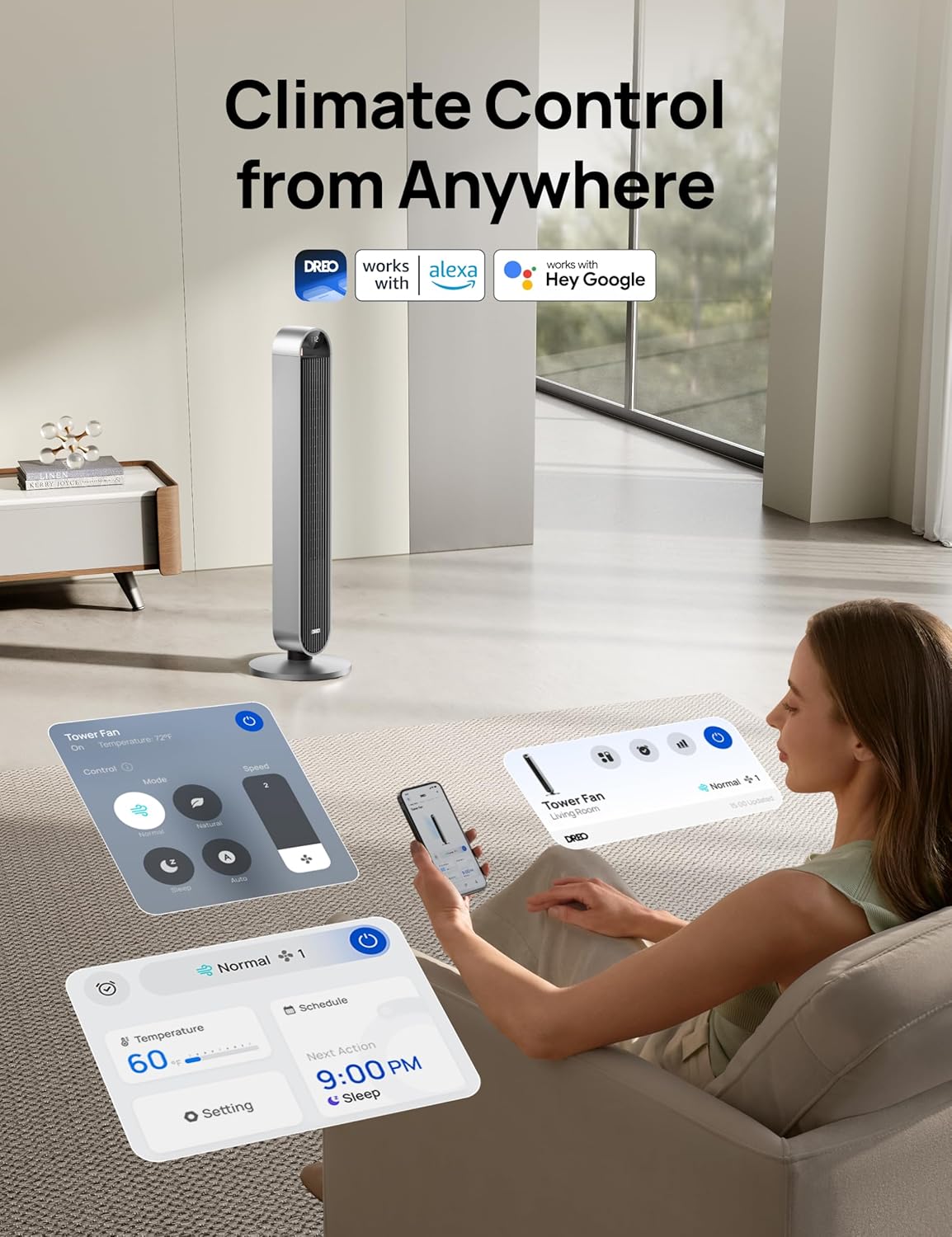 Ventilador de torre inteligente Dreo 25 dB más silencioso con control por voz, ventilador WiFi para Alexa, control por APP, ventilador de pie oscilante de 120°, 12 velocidades, 4 modos, temporizador de 12 horas, Pilot Max S