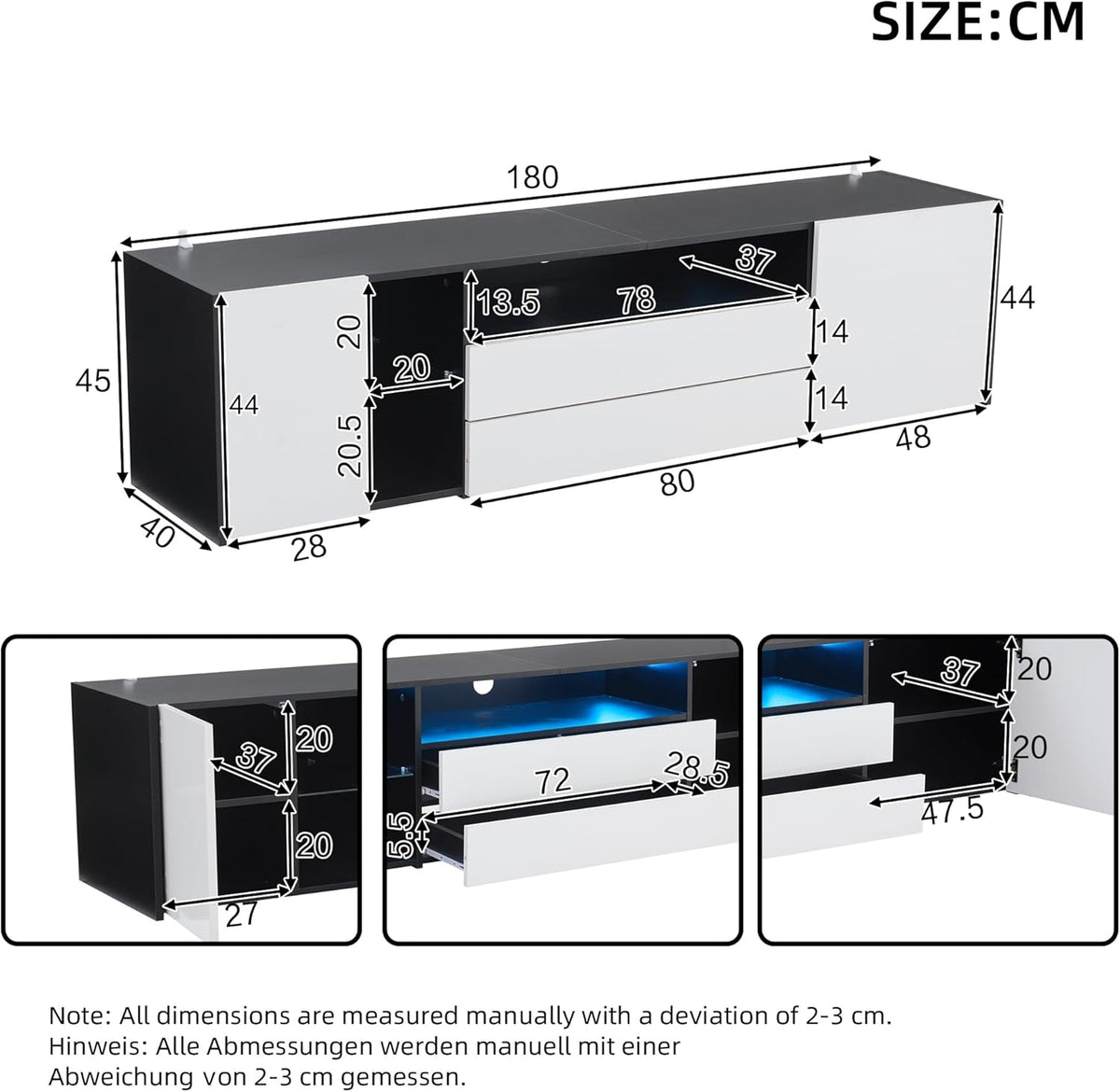 Mueble de TV Merax con LED, mueble para televisión de alto brillo con 2 puertas y 2 cajones, soporte para televisores de hasta 75 pulgadas, mueble bajo para salón, dormitorio, comedor, 180 cm, blanco y negro