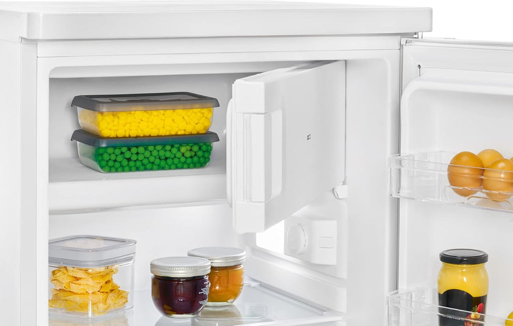 Refrigerador con congelador pequeño Bomann® | Refrigerador con 2 estantes | silencioso | con congelador de 4 estrellas | refrigerador pequeño con compartimento para frutas y verduras | bisagra de puerta reversible | KS 7251 blanco