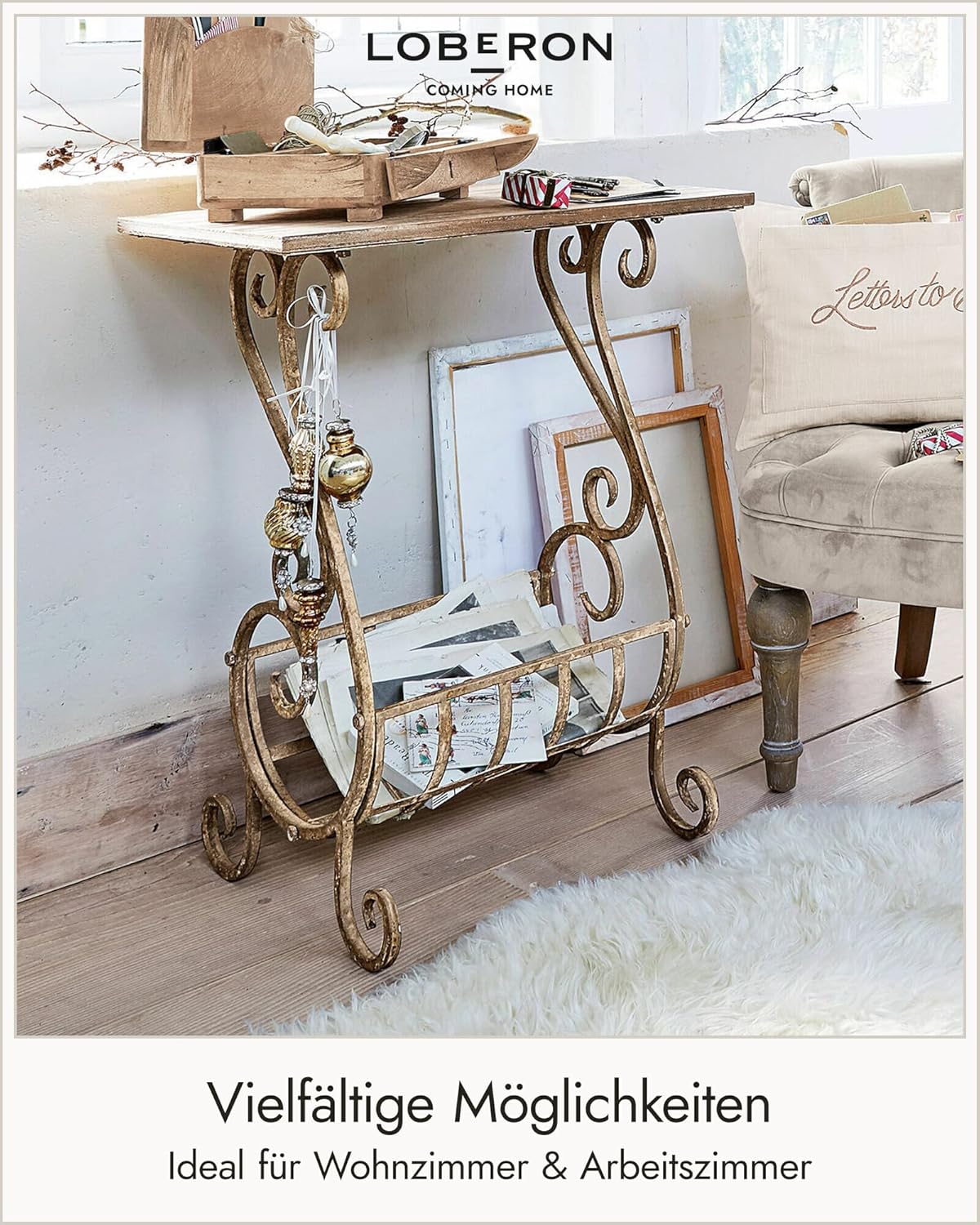 Consola Loberon Ciattos marrón antiguo - mesa consola de hierro con estante de madera de abeto - mesa con diseño nostálgico - aprox. 70 cm x 57 cm x 34 cm, marrón antiguo