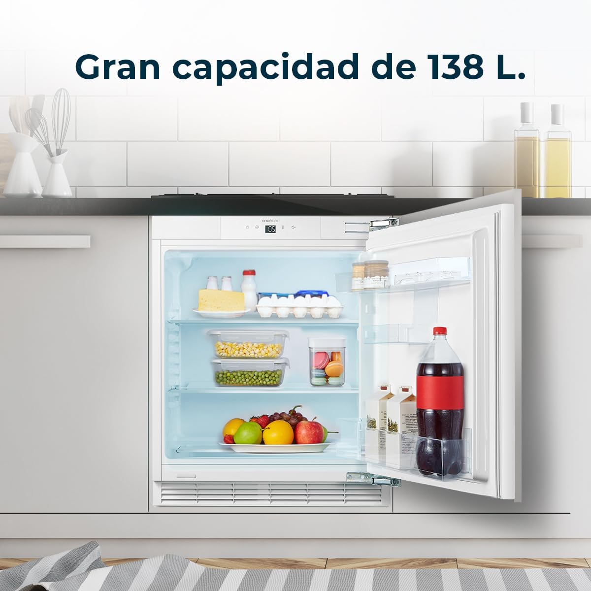 Mini frigorífico integrable Cecotec 138 L Bolero CoolMarket TT BI 138 White E. Altura 81,8 cm, 59,5 cm de ancho, pantalla táctil, enfriamiento rápido, puerta reversible, temperatura ajustable