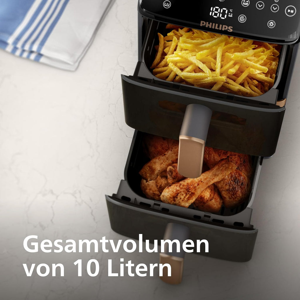 Philips Airfryer Serie 4000 de doble cesta apilada, freidora de aire con 2 cestas apiladas, 10 l, tecnología RapidAir, 45 % menos de espacio, revestimiento cerámico sin PFAS, ventana de visualización (NA462/70)
