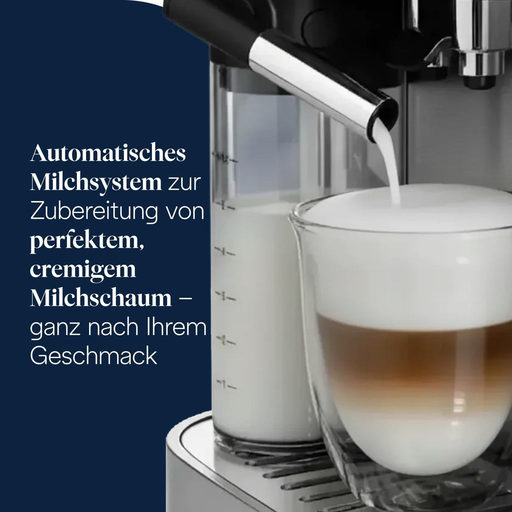 De’Longhi Magnifica Evo Next - Cafetera superautomática Perfetto con sistema de leche LatteCrema, 13 bebidas de un solo toque, cafetera para café y capuchino, pantalla táctil a color, titanio (ECAM312.80.SB)
