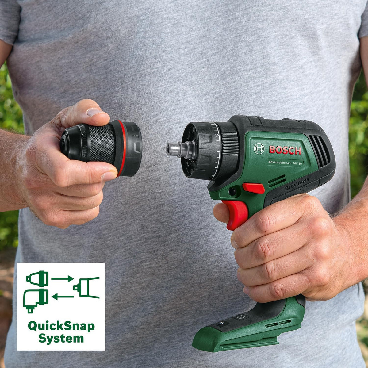 Bosch akumulatorowa udarowa wiertarko-wkrętarka AdvancedImpact 18V-80 QuickSnap (system 18V, silnik bezszczotkowy, 82 Nm, uchwyt wiertarski 13 mm, rękojeść dodatkowa, bez akumulatora)