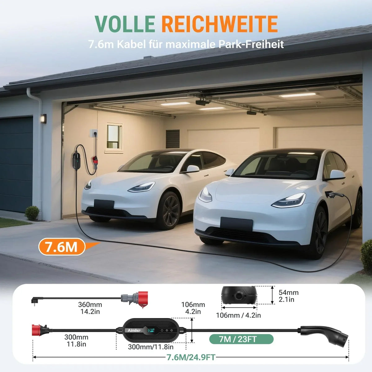 Wallbox portátil 11 kW con app, 400 V, 16 A, trifásica, cable de carga tipo 2 de 7,6 m, CEE, IP66, OLED, montaje mural para coches eléctricos