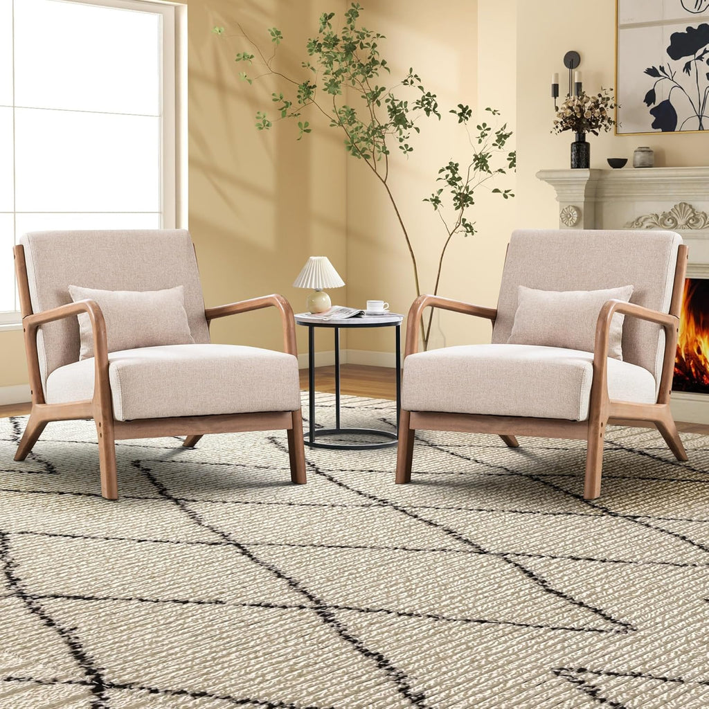 Sillón decorativo EBELLO con cojín, sillón tapizado moderno de mediados de siglo para sala de estar, sillón orejero con estructura de madera y apoyabrazos, sillón de lectura con capacidad de carga de hasta 150 kg, beige
