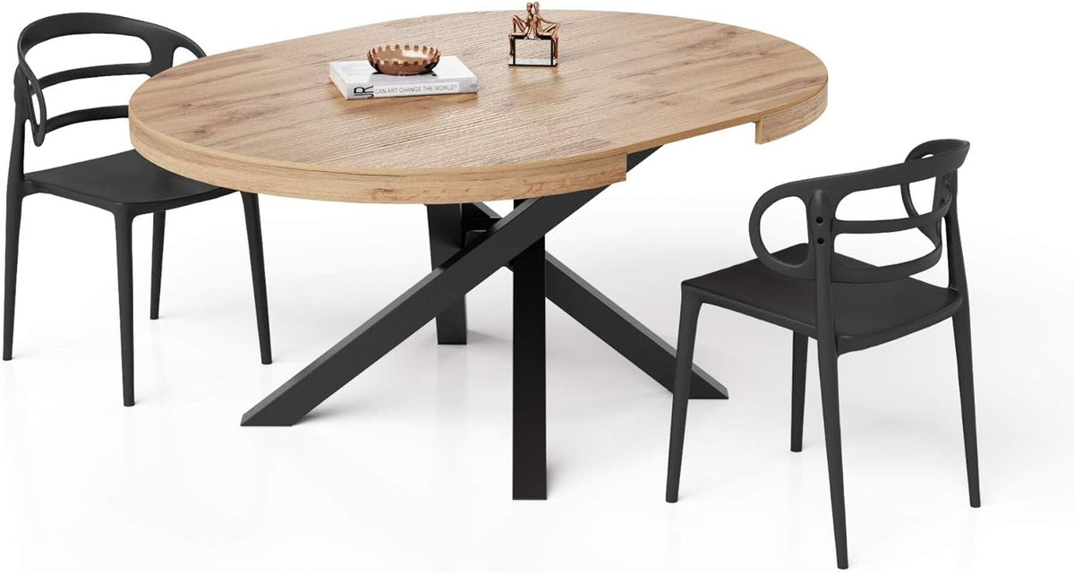 MOBILI FIVER, Mesa redonda extensible Emma, 120-160 cm, Roble rústico con patas cruzadas negras, Made in Italy