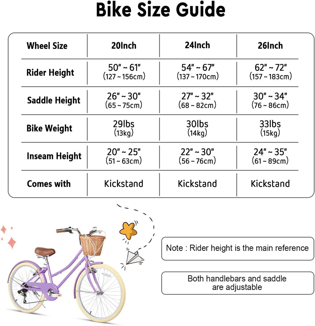 Glerc Missy 20, 24, 26 pulgadas bicicleta híbrida urbana tipo crucero para niñas, de 6 velocidades, con cesta de mimbre, para jóvenes mayores de 6 años, varios colores