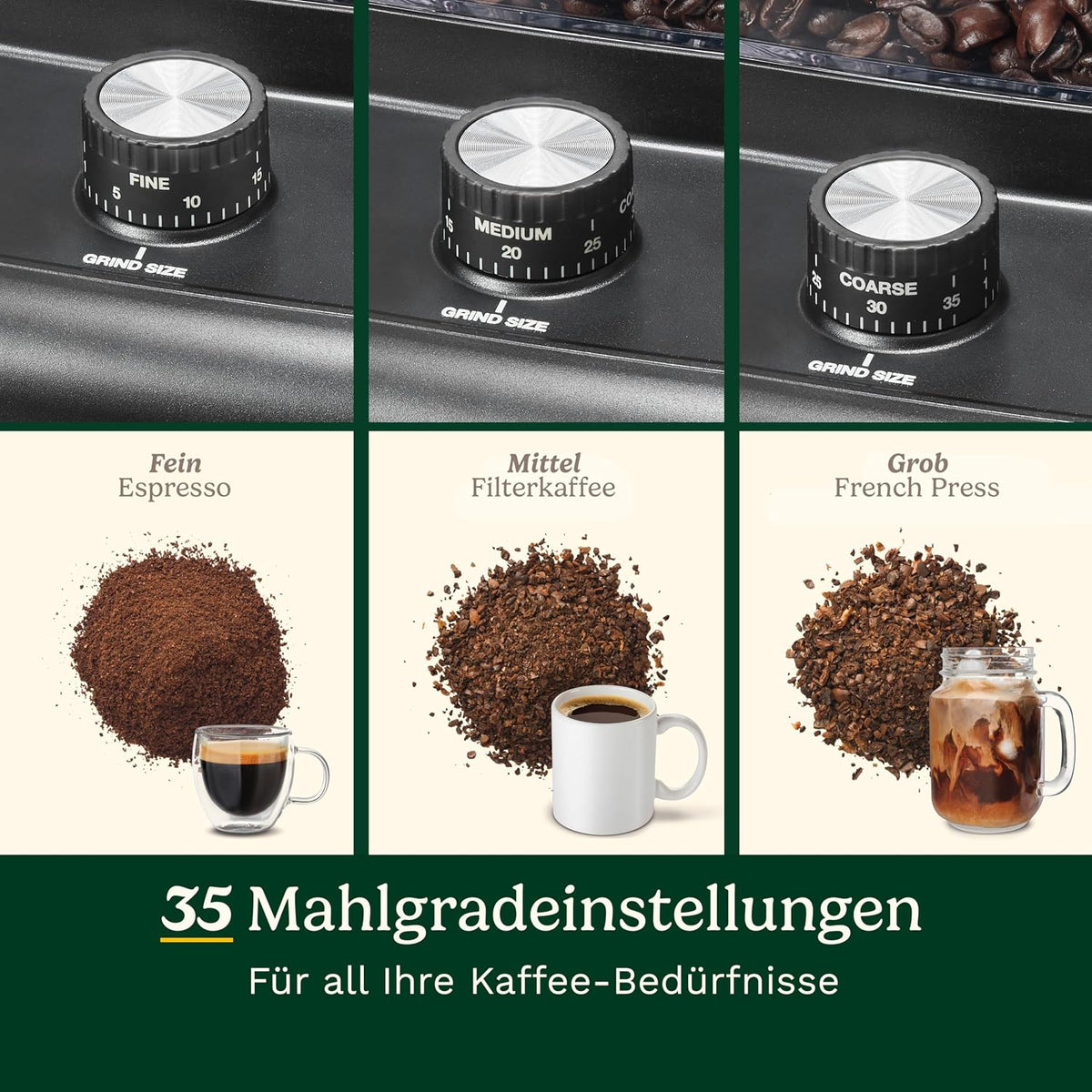 Cuisinart stożkowy młynek do kawy do espresso i kawy; 35 ustawień; zbiornik na ziarna 225 g z silikonową pokrywą; kompatybilny z portafiltrem; w zestawie łyżka i szczotka do czyszczenia