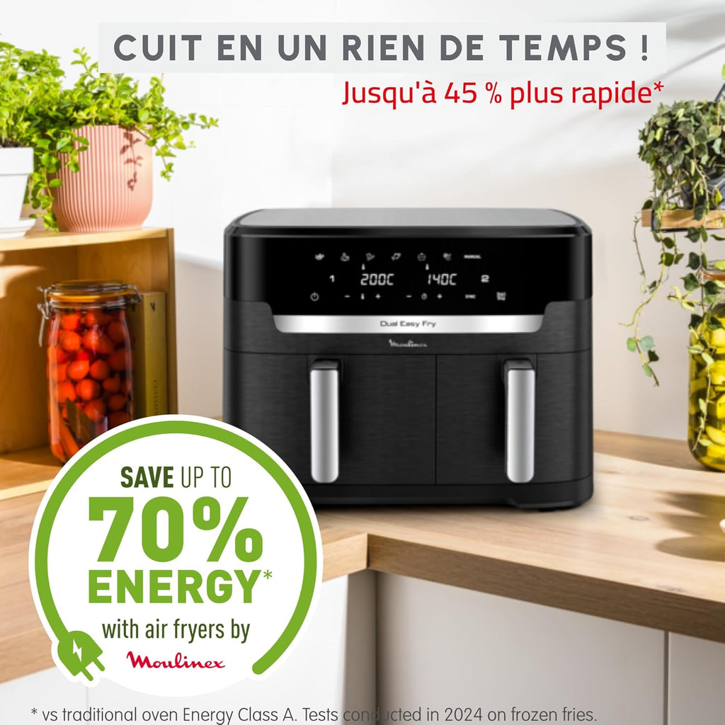 Freidora de aire Moulinex Dual XXL 11L, 8 personas o más, cesta grande hasta 3 kg, 7 programas predefinidos, Dual Easy Fry XXL, EZ9428F0, negro
