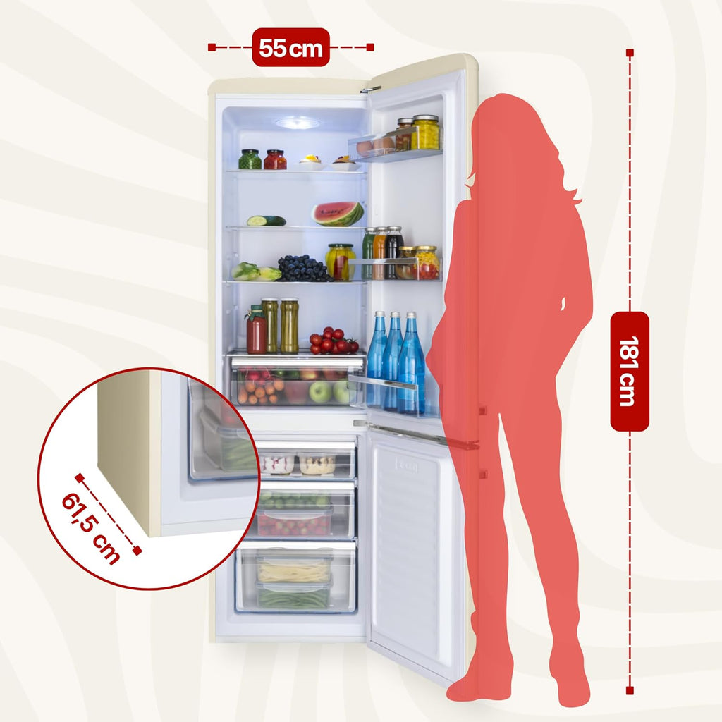 Frigorífico combi retro Amica 244 L 181 x 55 x 61,5 cm KGCR 387 101 B | 181 L frigorífico 63 L congelador, iluminación LED, descongelación automática, cristal de seguridad, botellero cromado, funcionamiento silencioso