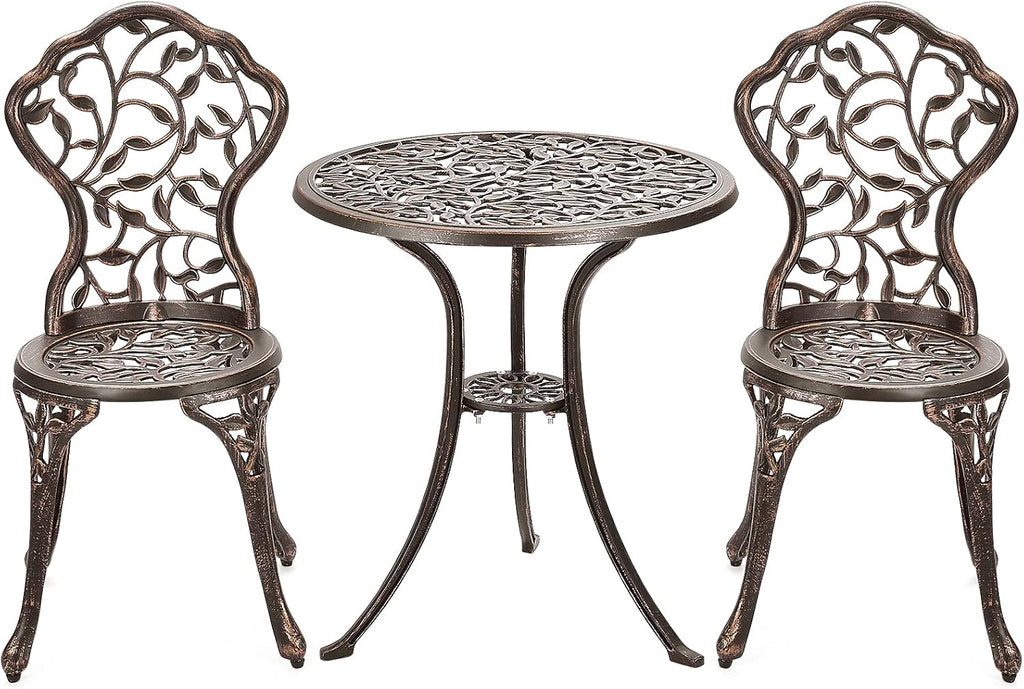 GIANTEX 3 TLG. Bistro Set, Bistrotisch mit 2 Stühlen, Gartenmöbel Set Alu, Gartenset Balkonset antik, runder Gartentisch, Balkonmöbel Set Garten Sitzgruppe 2 Sitzhocker Outdoor Bronze