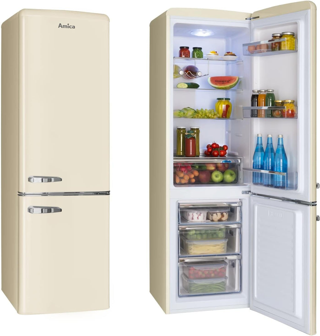 Frigorífico combi retro Amica 244 L 181 x 55 x 61,5 cm KGCR 387 101 B | 181 L frigorífico 63 L congelador, iluminación LED, descongelación automática, cristal de seguridad, botellero cromado, funcionamiento silencioso