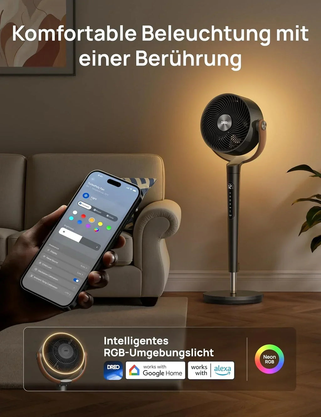 Ventilador de pie inteligente DR-HAF003S con Wi-Fi, luz LED RGB, oscilación de 150°, 12 velocidades y flujo de aire de 2209 m³/h