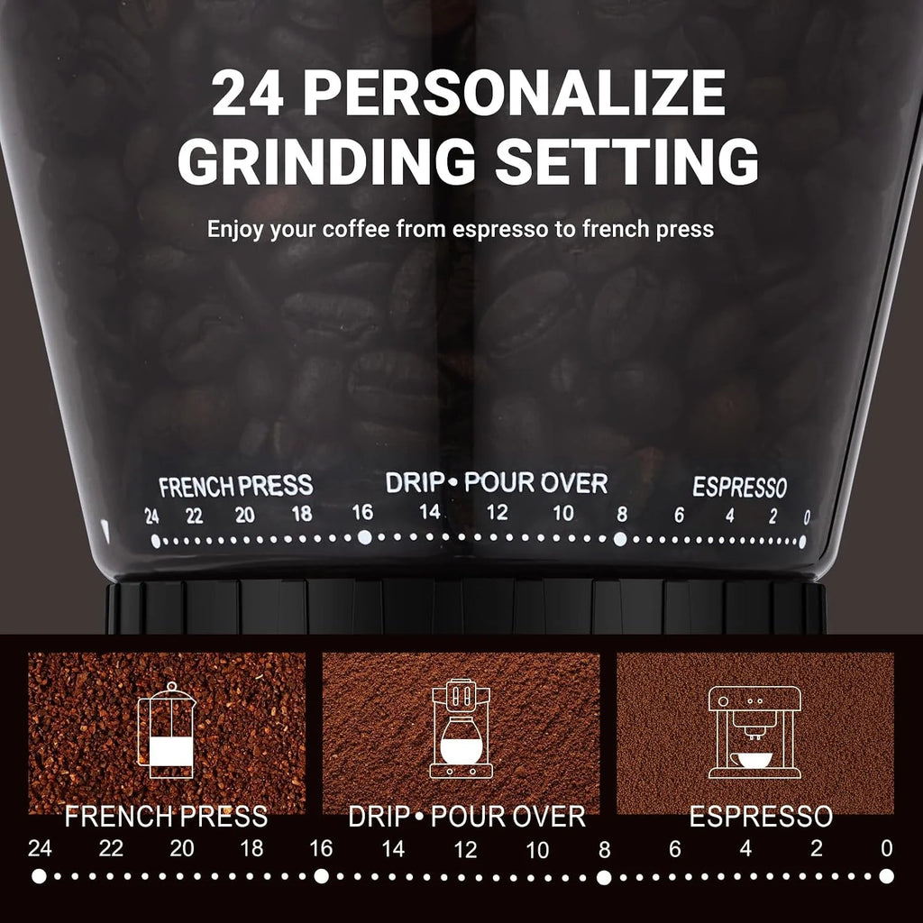 AMZCHEF Elektryczny młynek do kawy ze zdejmowanym uchwytem na sitko i pojemnik, młynek do kawy, z 24 stopniami mielenia, regulowany do espresso/Drip/Pour Over/Cold Brew/French Press