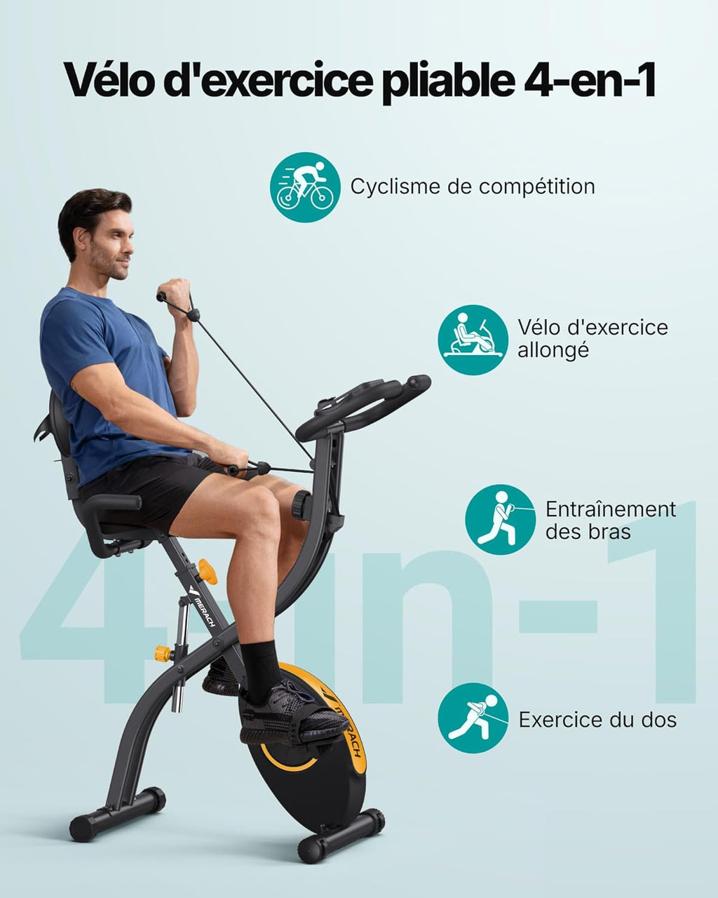 MERACH Bicicleta estática plegable 4 en 1, bicicleta estática con monitor LCD y sensor de pulso manual, bicicleta de fitness magnética con cojín de asiento cómodo, para el hogar, ahorra espacio