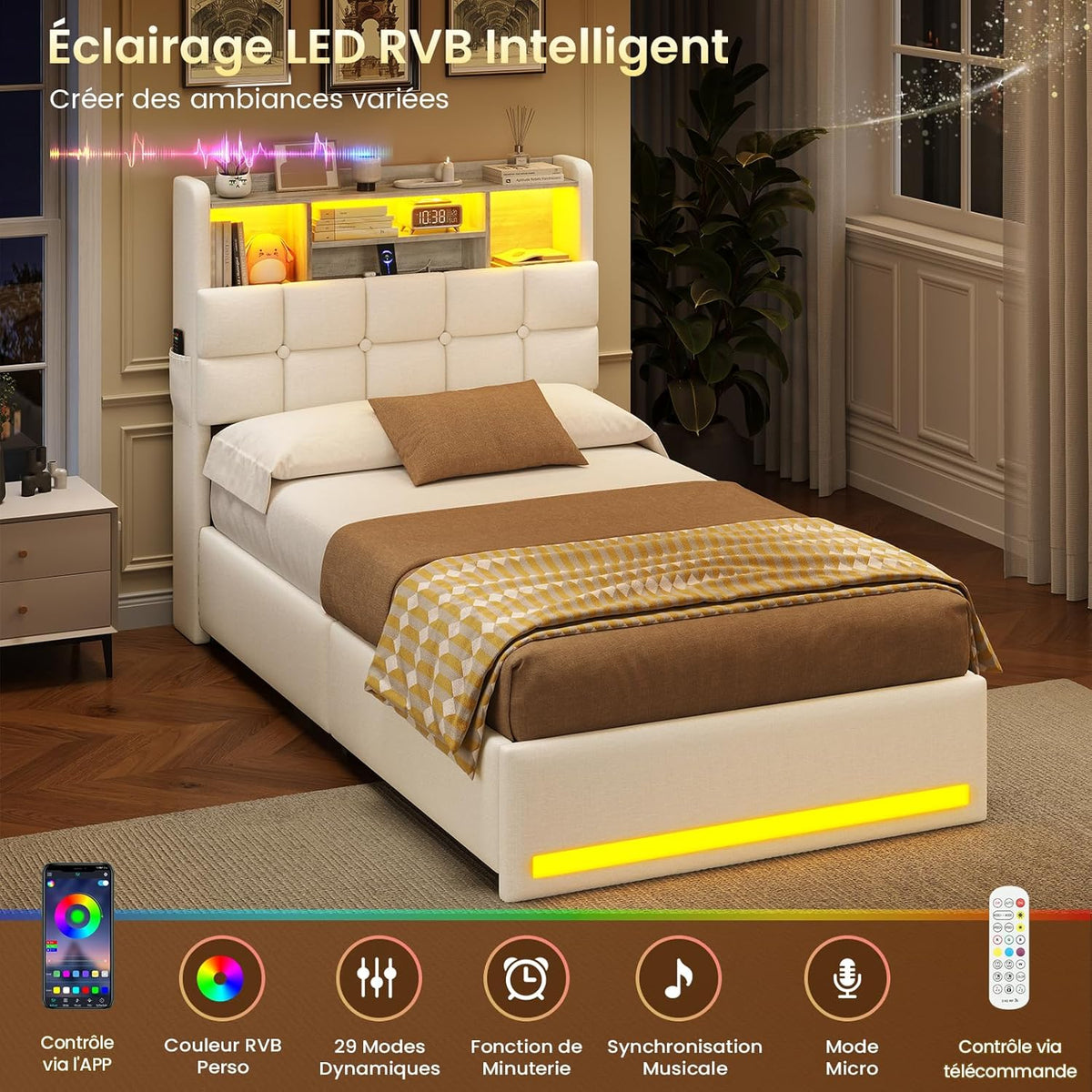 Cama tapizada AOGLLATI 90×200 cm, cama hidráulica con almacenamiento e iluminación LED, cama juvenil con estación de carga, cama individual con cabecero con almacenamiento, tela de lino, sin colchón (beige, 90x200 cm)