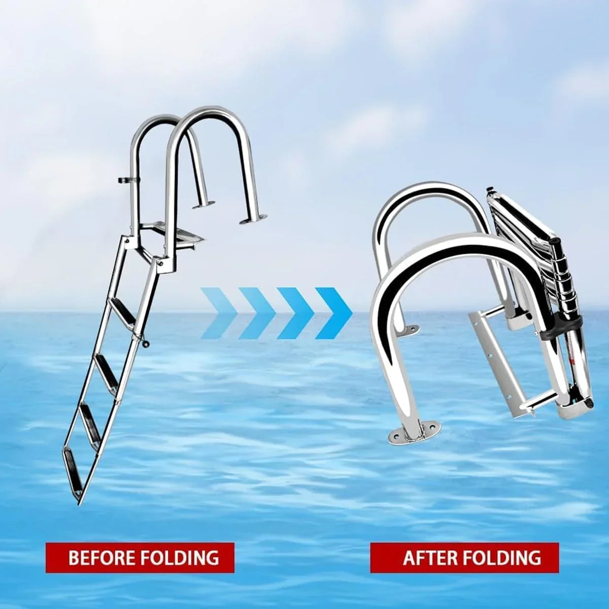 Escalera de barco plegable de acero inoxidable de 4 peldaños para barco, piscina y yate, con peldaños antideslizantes, pasamanos y capacidad de carga de 150 kg