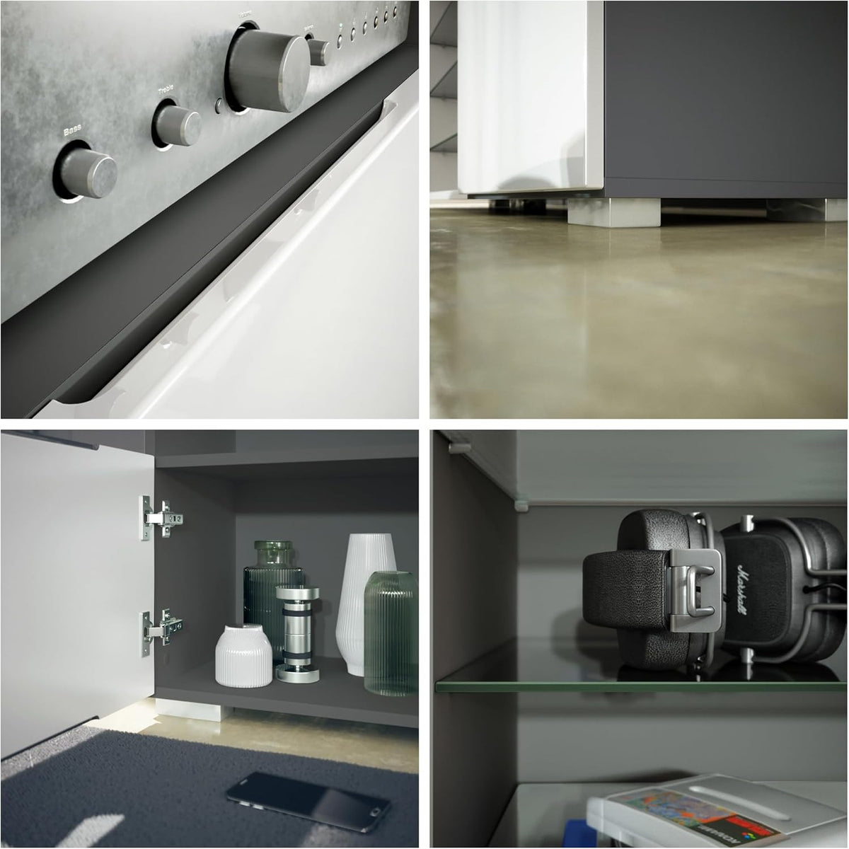 Mueble de salón Vladon Davos, compuesto por 2 vitrinas y 1 mueble para TV, antracita mate/blanco brillo, incl. iluminación LED (329 x 134 x 35 cm)