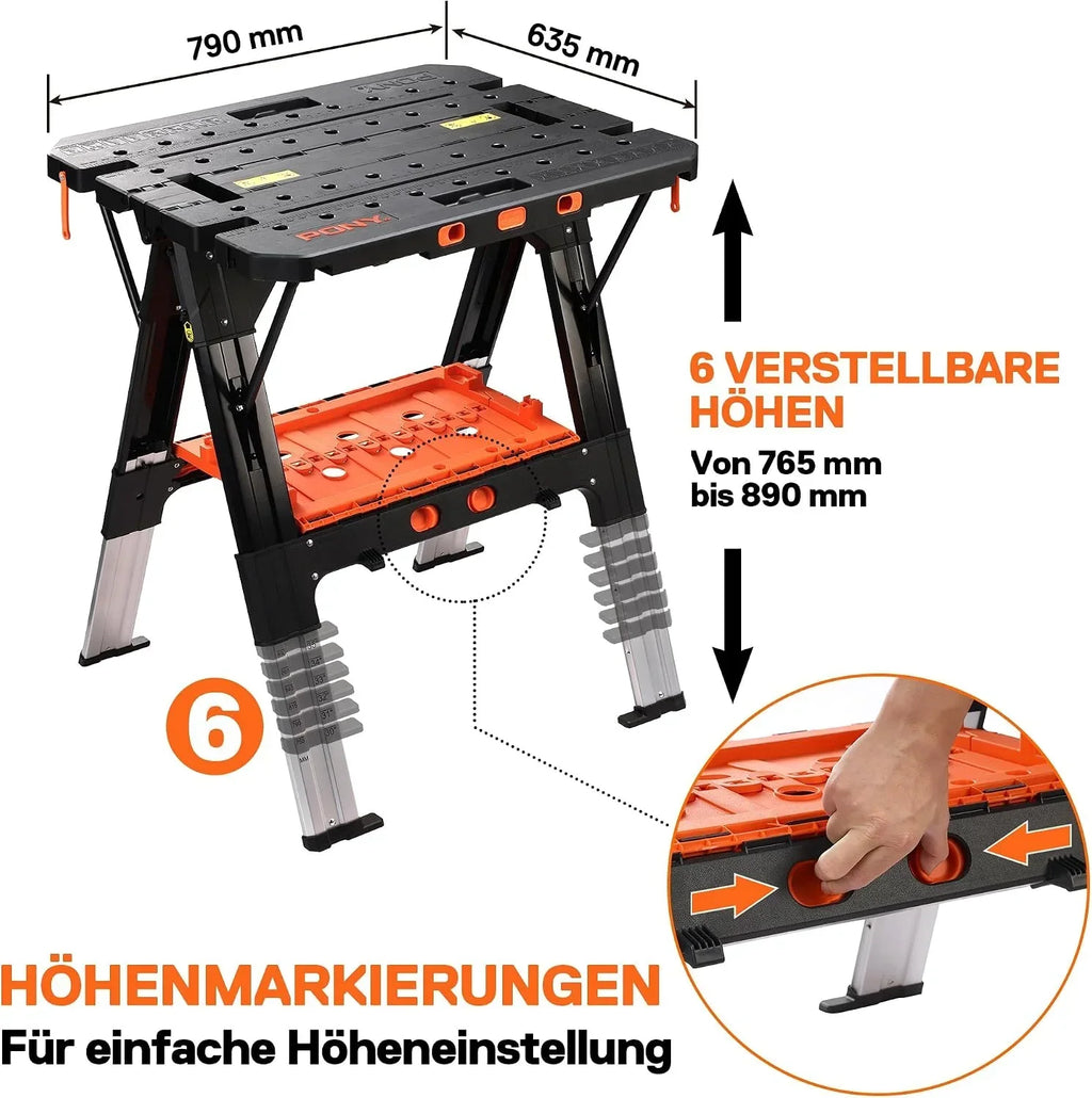 Banco de trabajo plegable 2 en 1, caballete, capacidad de carga de 454 kg, patas de aluminio ajustables, 79 x 63,5 x 89 cm, incluye prensas de tornillo