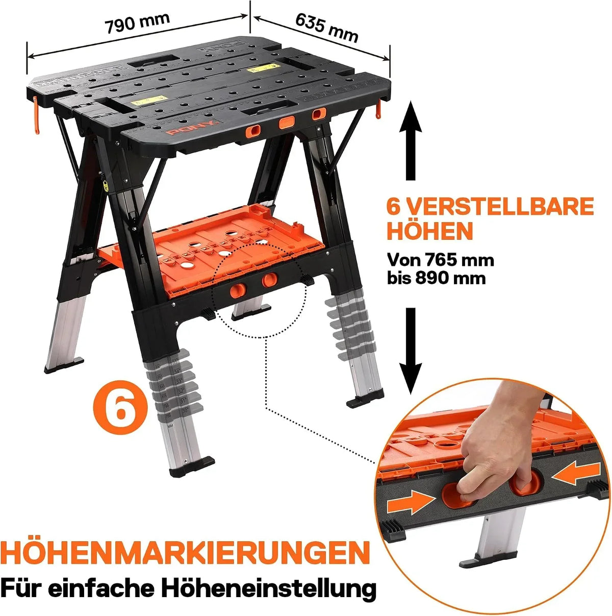 Banco de trabajo plegable 2 en 1, caballete, capacidad de carga de 454 kg, patas de aluminio ajustables, 79 x 63,5 x 89 cm, incluye prensas de tornillo