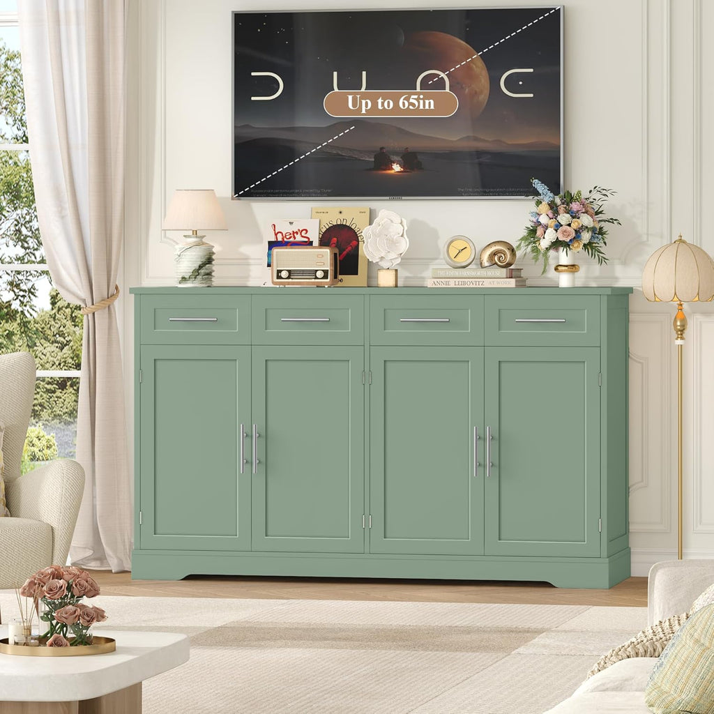 Aparador HOCSOK, armario de cocina de 150 cm de ancho con encimera, cómoda de cocina con 4 puertas y 4 cajones, aparador de cocina, mueble buffet con tiradores para salón, cocina y comedor