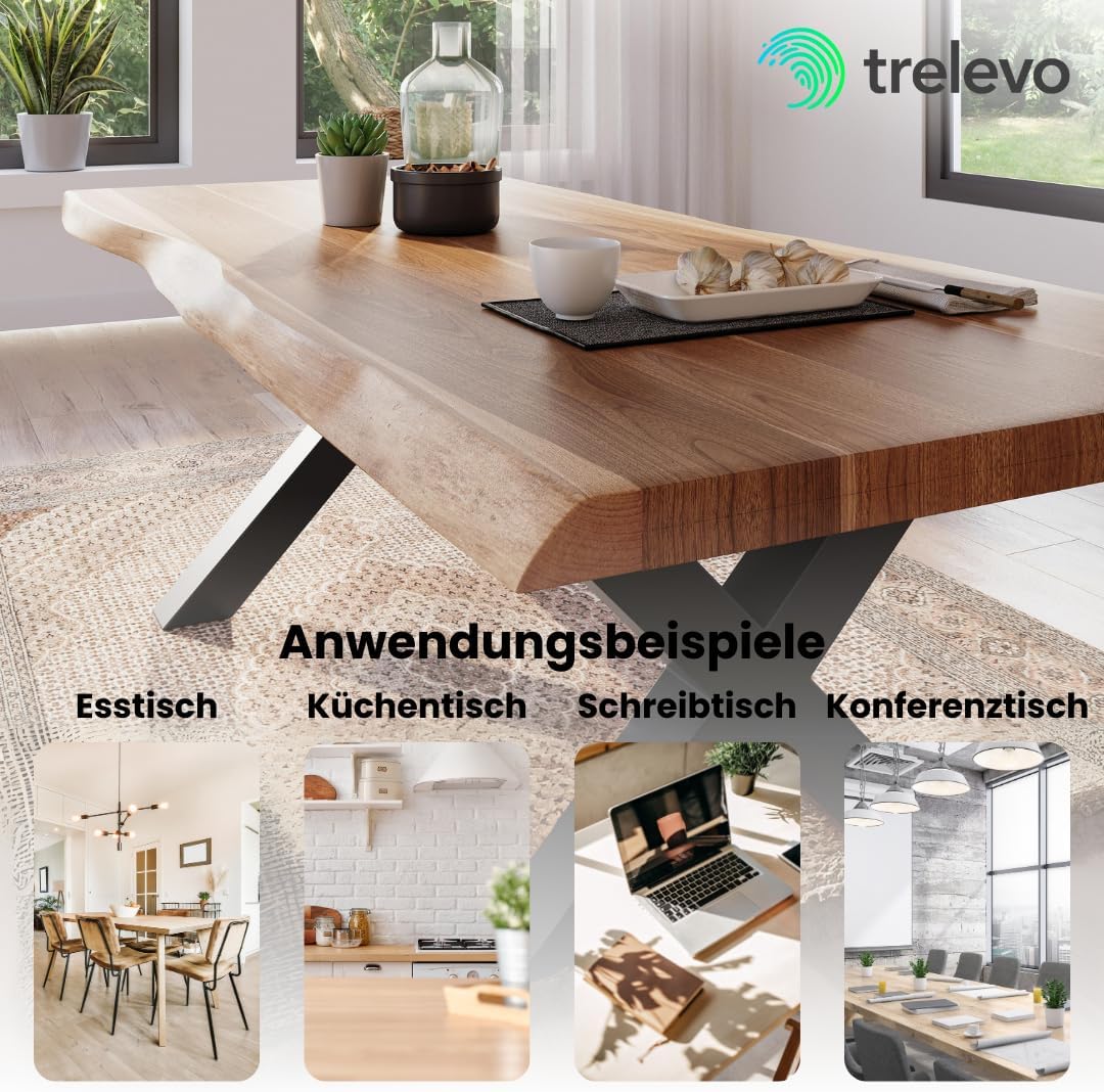 Mesa de comedor 200x100 cm, madera de acacia maciza, tablero color natural, borde de árbol auténtico, estructura en X negra, mesa con borde natural