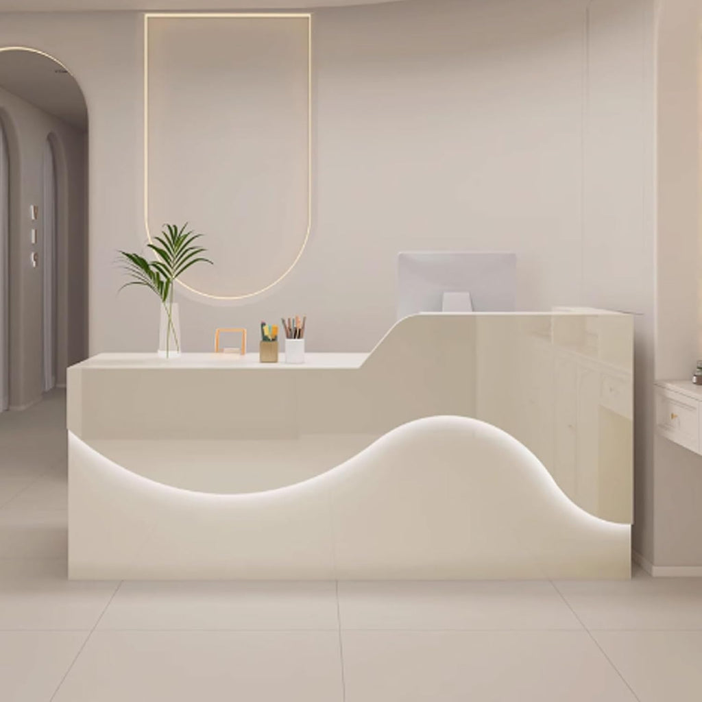 Mostrador de recepción, mostrador para consulta, escritorio de recepción moderno, mesa de recepción de oficina de madera con iluminación suave y relajante (beige, 120 cm)