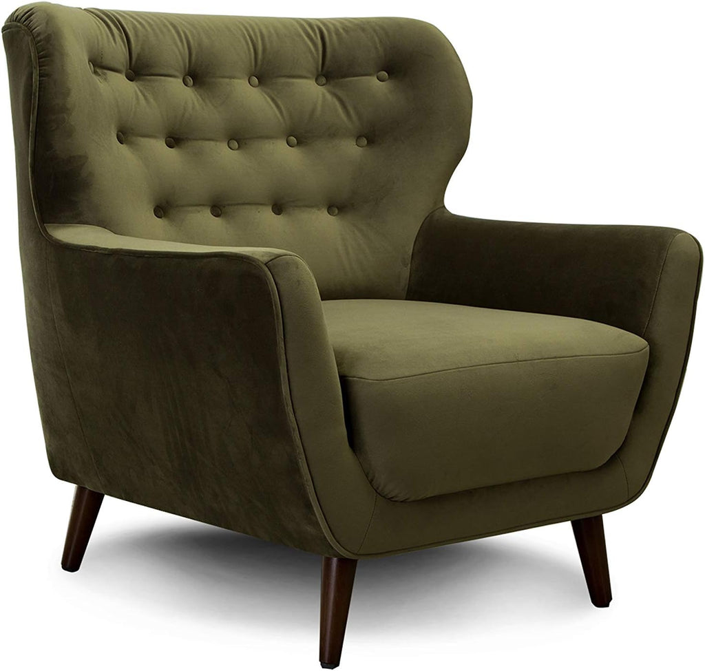 Sillón Abby de CAVADORE / Sillón tapizado retro con aspecto de terciopelo y botones decorativos / 87 x 89 x 88 / Aspecto de terciopelo, verde