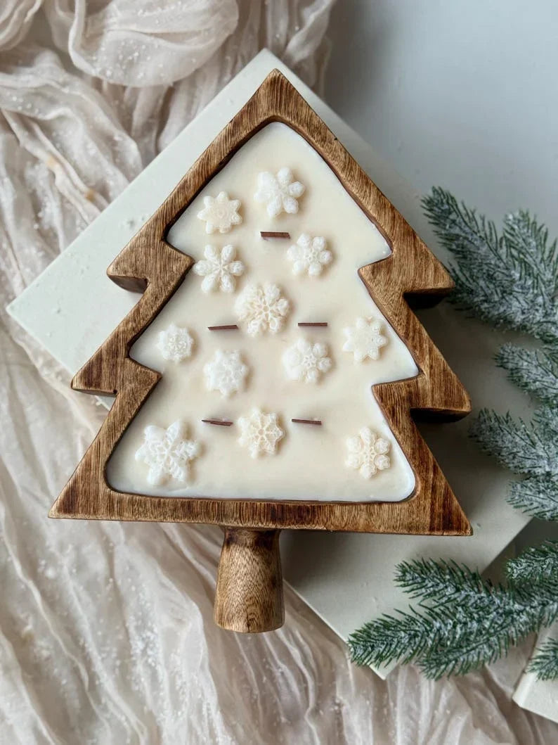 Cuenco de madera en forma de árbol de Navidad con copos de nieve o flor de Pascua, vela de soja, 100% cera de soja natural, mechas de madera, 26 cm x 19 cm