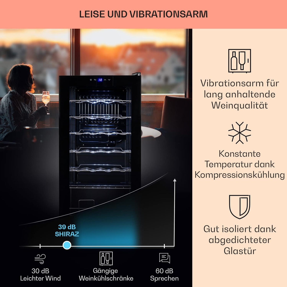 Nevera para vinos Klarstein, frigorífico para bebidas pequeño de 1 zona, vinoteca pequeña de 74L, nevera para vinos pequeña con puerta de cristal, enfriador de botellas para interior/exterior, nevera para vinos de 5-18°C, 28 botellas