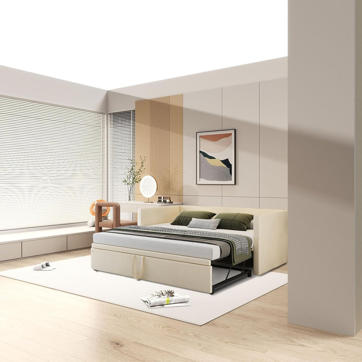 Sofá cama de 200 cm de ancho, sofá cama extraíble, cama abatible con sofá, cama Murphy de 90/180 x 200 cm, cama tapizada tipo diván extraíble con somier, cama de matrimonio, tela de terciopelo, sin colchón (beige)
