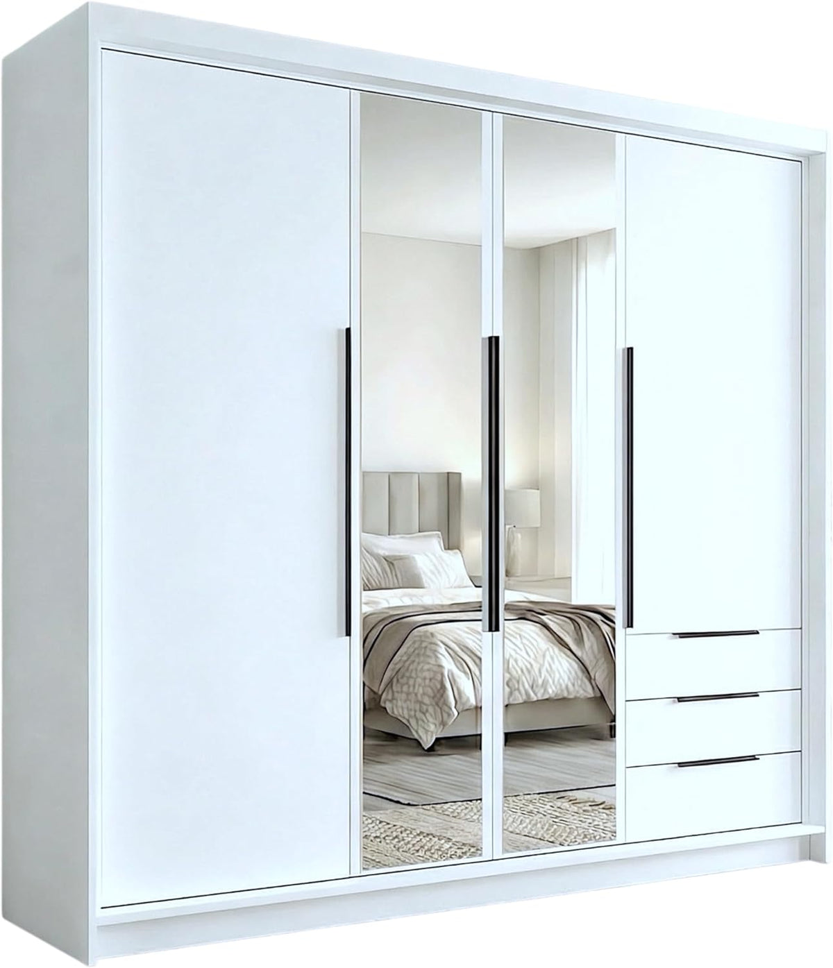 Armario de 4 puertas A und J MöbelLand VIVO con espejo y cajones - 200 x 215 cm - Armario de puertas batientes con barra para ropa y estantes