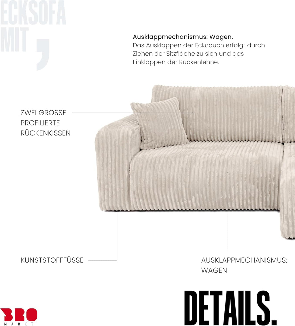 BROMARKT Sofá esquinero con función cama color crema, sofá en forma de L de tela de pana con arcón, sofá cama para salón con espacio de almacenamiento, sofá esquinero de 3 plazas, conjunto de salón 244x148x82 cm TILIO