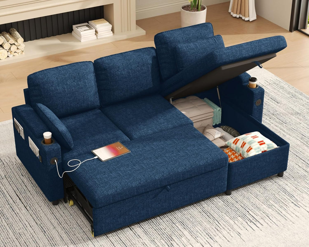 DURASPACE Sofá cama extraíble 2 en 1, sofá seccional con almacenamiento, USB, portavasos, función de dormir y arcón, sofá esquinero con espacio de almacenamiento para apartamento, sala de estar (azul)
