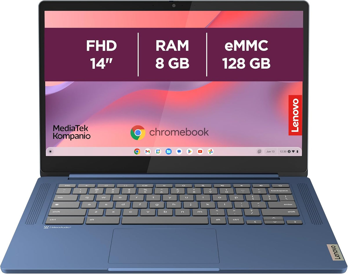 Lenovo IdeaPad Slim 3 Chrome 14M868 - Ordenador portátil 14'' FHD (MediaTek Kompanio 520, RAM 8GB, SSD 128GB, GPU Arm Mali-G52 2EE MC2, Chrome OS) Teclado AZERTY francés - Azul