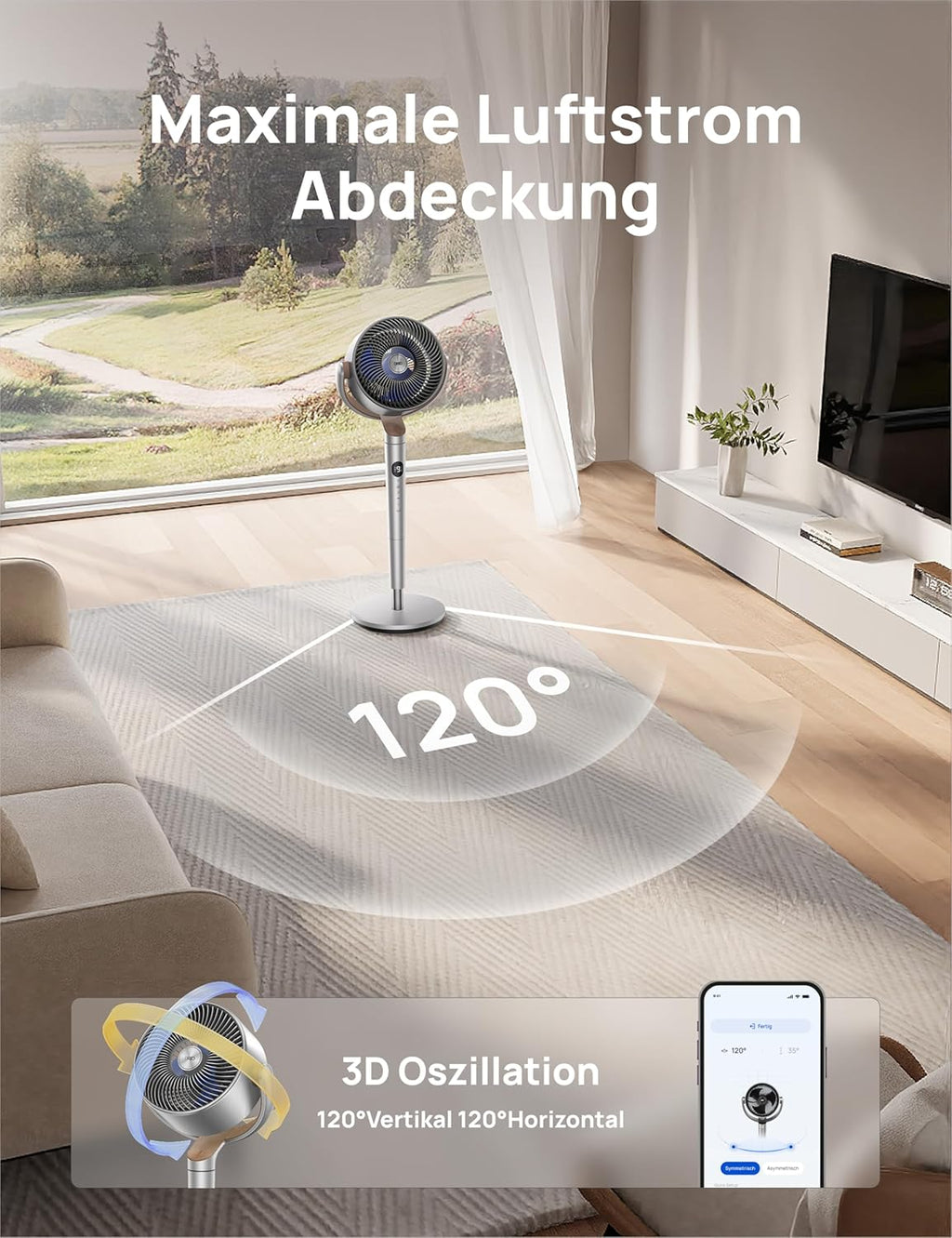 Ventilador de pie inteligente Dreo con luz RGB, oscilación de 120° + 120° con control remoto, ventilador de suelo silencioso de 20 dB para dormitorio, temporizador de 8 horas, plateado