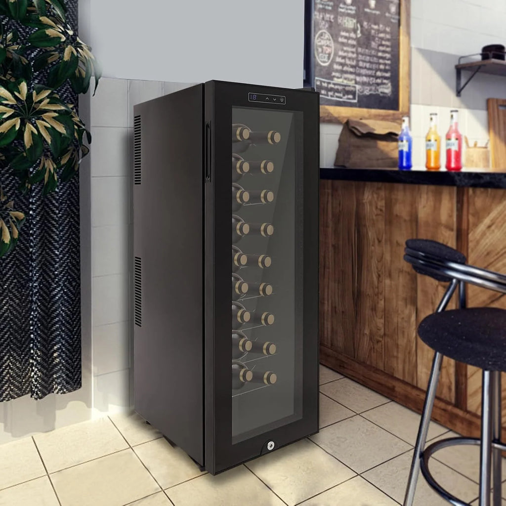 Lodówka na wino, 30 butelek, 90 l, oświetlenie LED, chłodziarka do wina, ekran dotykowy, wzmocnione szklane drzwi, wolnostojąca, zakres temperatur 12-18°C, 50,5 x 34,5 x 98,5 cm