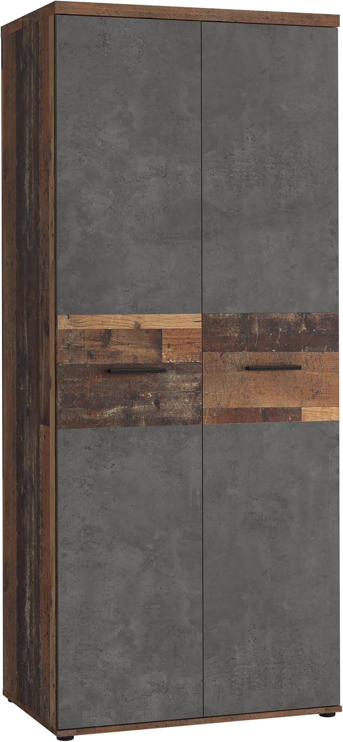 Armario ropero Forte Winnie 80, armario rústico de puertas batientes, 2 puertas, baldas, espacioso, decoración en madera Old Wood Vintage/aspecto hormigón gris oscuro, 79,9 cm de ancho x 189 cm de alto x 53,7 cm de fondo
