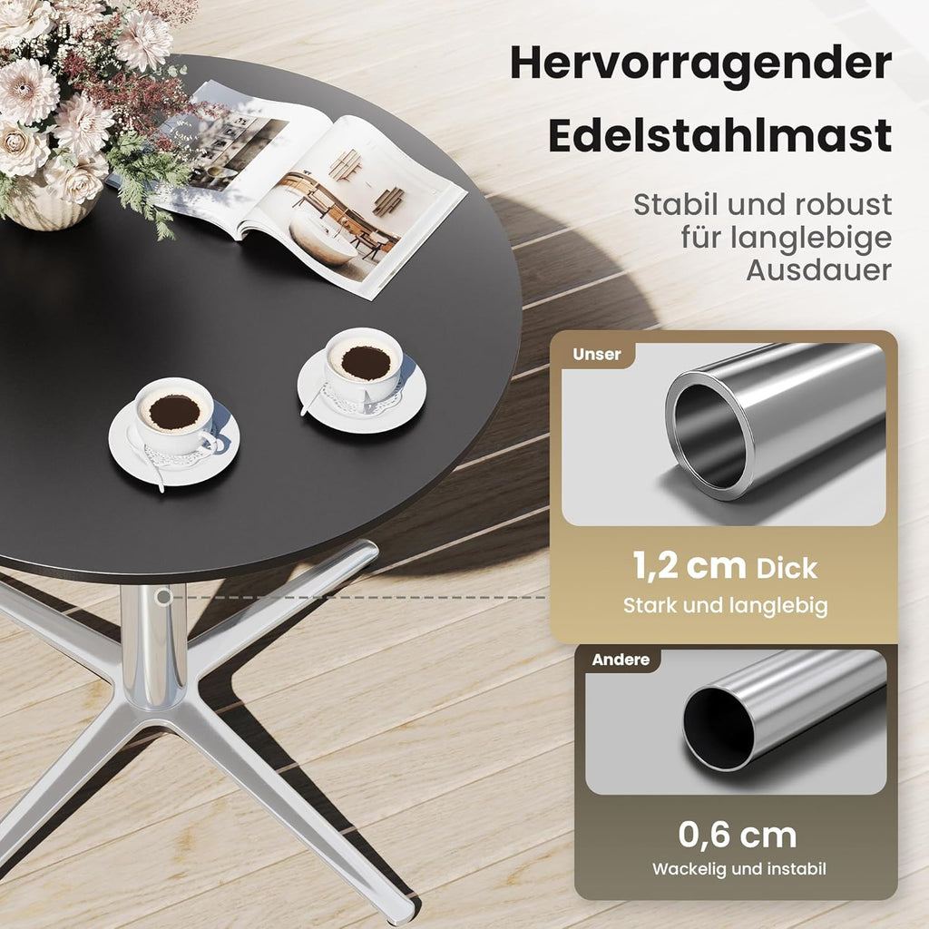 PHI VILLA Mesa de bistró 2 en 1 redonda, resistente a la intemperie, mesa de comedor pequeña multifuncional para taberna, jardín, balcón, cocina, Ø76x74,5 cm, negro