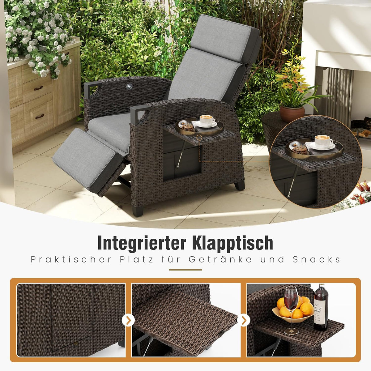 Tumbona Relax Amopatio, hamaca de ratán con respaldo ajustable y mesa plegable, sillón de jardín para exterior resistente a la intemperie, para terraza, jardín, balcón – Gris y Marrón