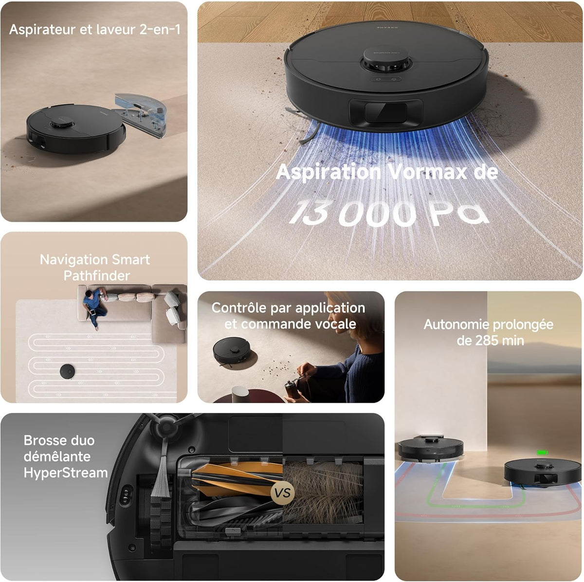 Robot Aspirador DREAME D20, 13 000 Pa, Cepillo Duo para Pelo de Mascotas, Navegación Láser, Aspirador y Fregasuelos 2 en 1, Suelos Duros y Alfombras/Moquetas, Batería de 5 200 mAh, Aplicación y Control por Voz