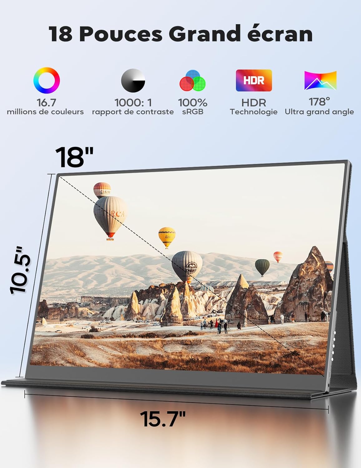 Monitor portátil HONGO 2.5K, pantalla portátil para portátil de 18" IPS, pantalla para PC 100% sRGB, monitor para ordenador portátil, PC, Mac, X-Box, Switch, segunda pantalla portátil USB-C